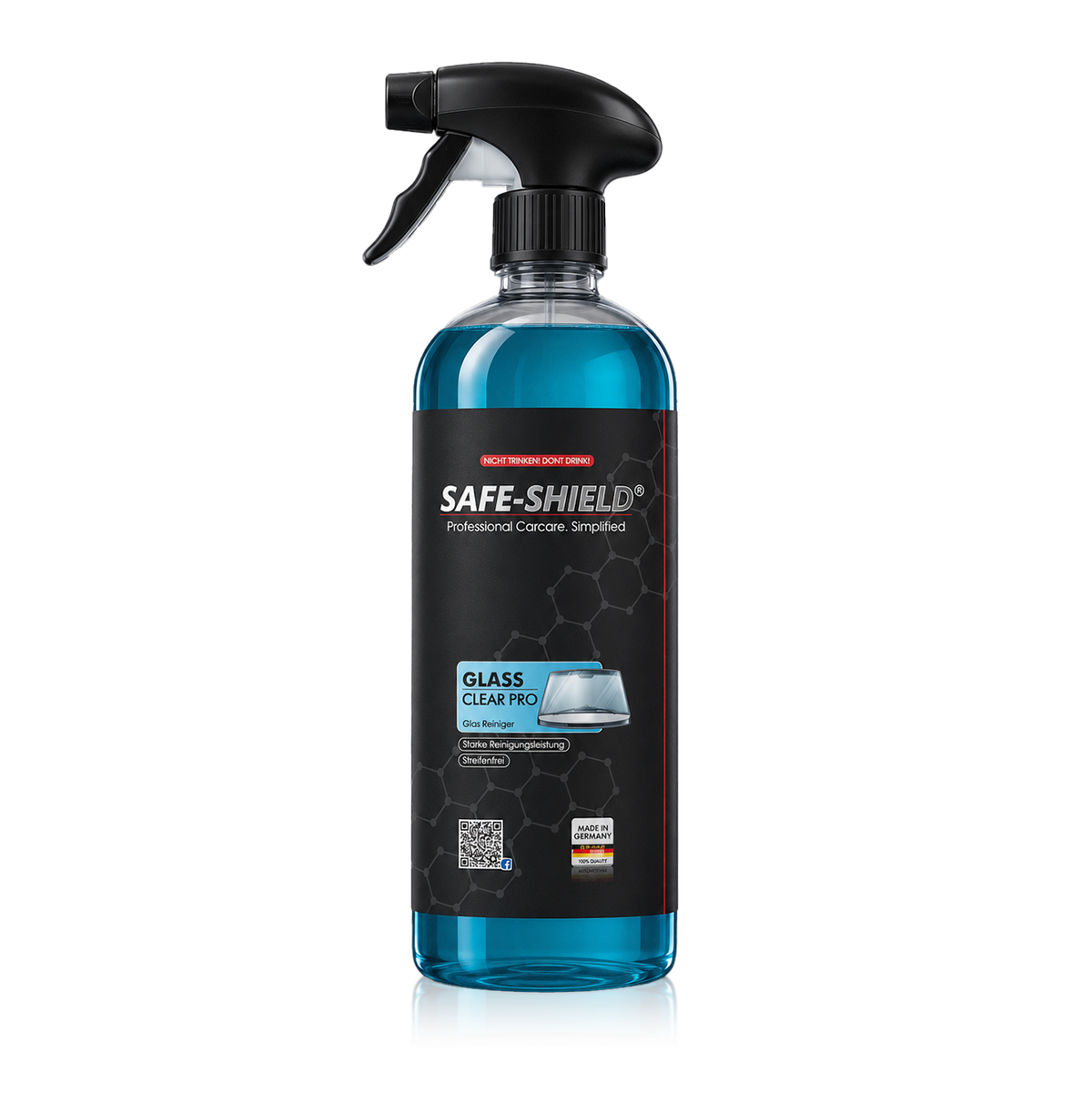 Safe-Shield Glass Clear Pro Glasreiniger in der Sprühflasche.