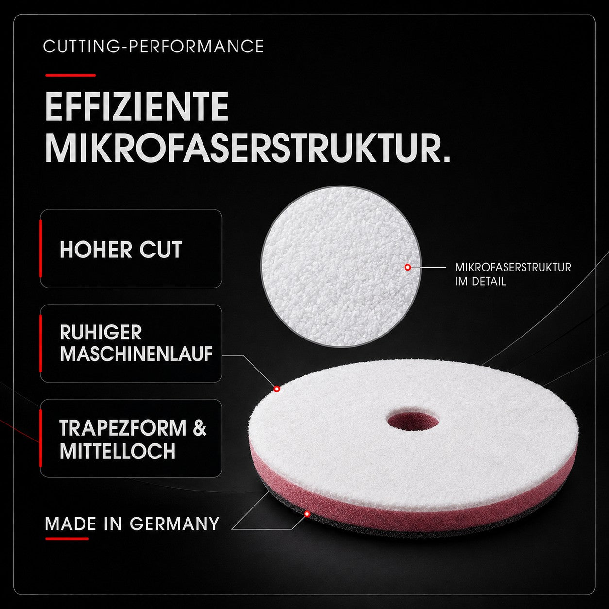 Mikrofaserstruktur des Cutting Polierpads mit Schaumstoff-Zwischenlage und Mittelloch
