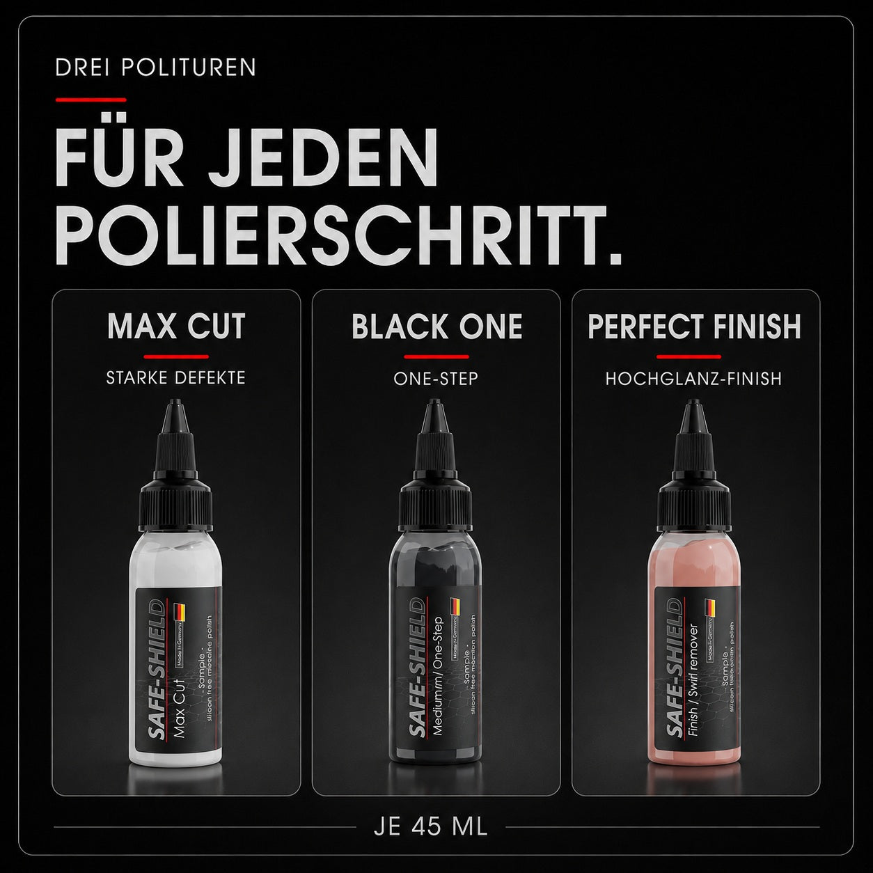 Max Cut, Black One und Perfect Finish Politurproben für Defektkorrektur, One-Step und Hochglanz