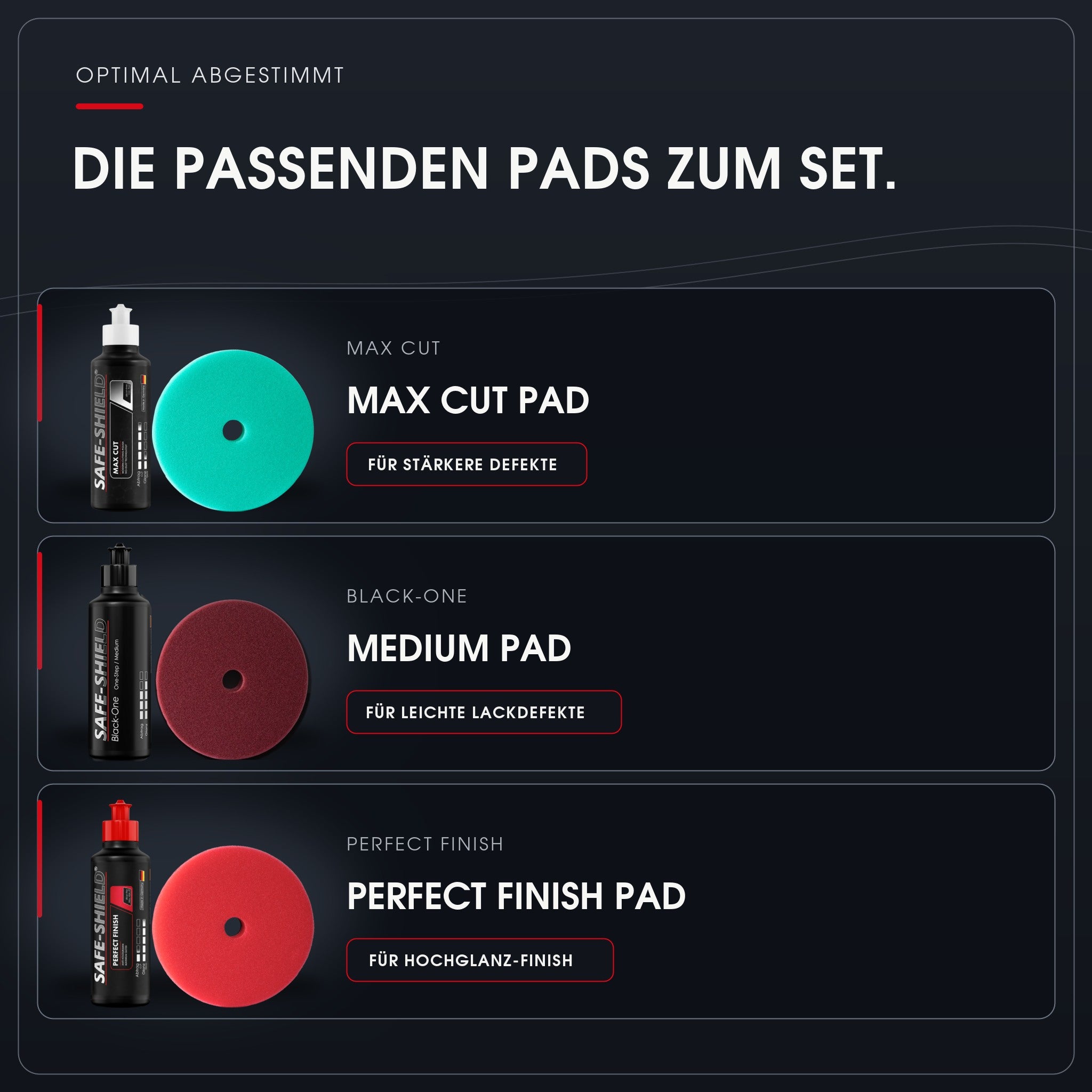 Max Cut Pad, Medium One-Step Pad und Perfect Finish Pad als empfohlene Polierpad-Kombinationen